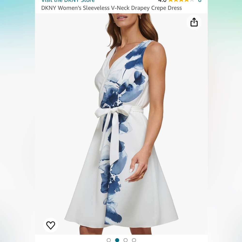 DKNY White & Blue Floral V-Neck Drapey Crepe Dress 16 - Picture 9 of 9